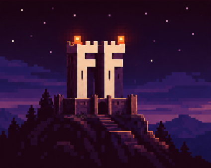 Pixel-art castle at dusk: two cream towers with amber beacons on a dark hill.